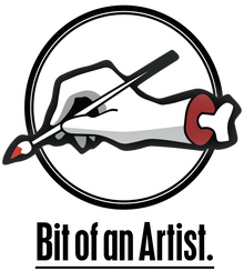 Bit of an Artist logo, a severed hand with a bone jutting from the wrist holding a paint brush within a circle with the underlined caption Bit of an Artist.